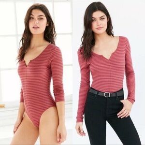 Urban Outfitters Out From Under Faded Red Striped Long Sleeve Low Back Bodysuit